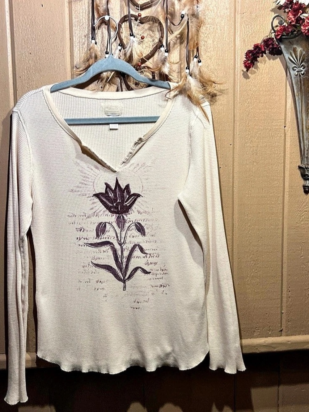 Lucky Brand Women Black Waffle Knit Long Sleeve Graphic Top XL ๐ฏ Cotton